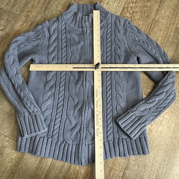 L.L. Bean Double L Cable Knit Full Zip Blue Long Sleeve Sweater Womens Medium - Picture 4 of 5